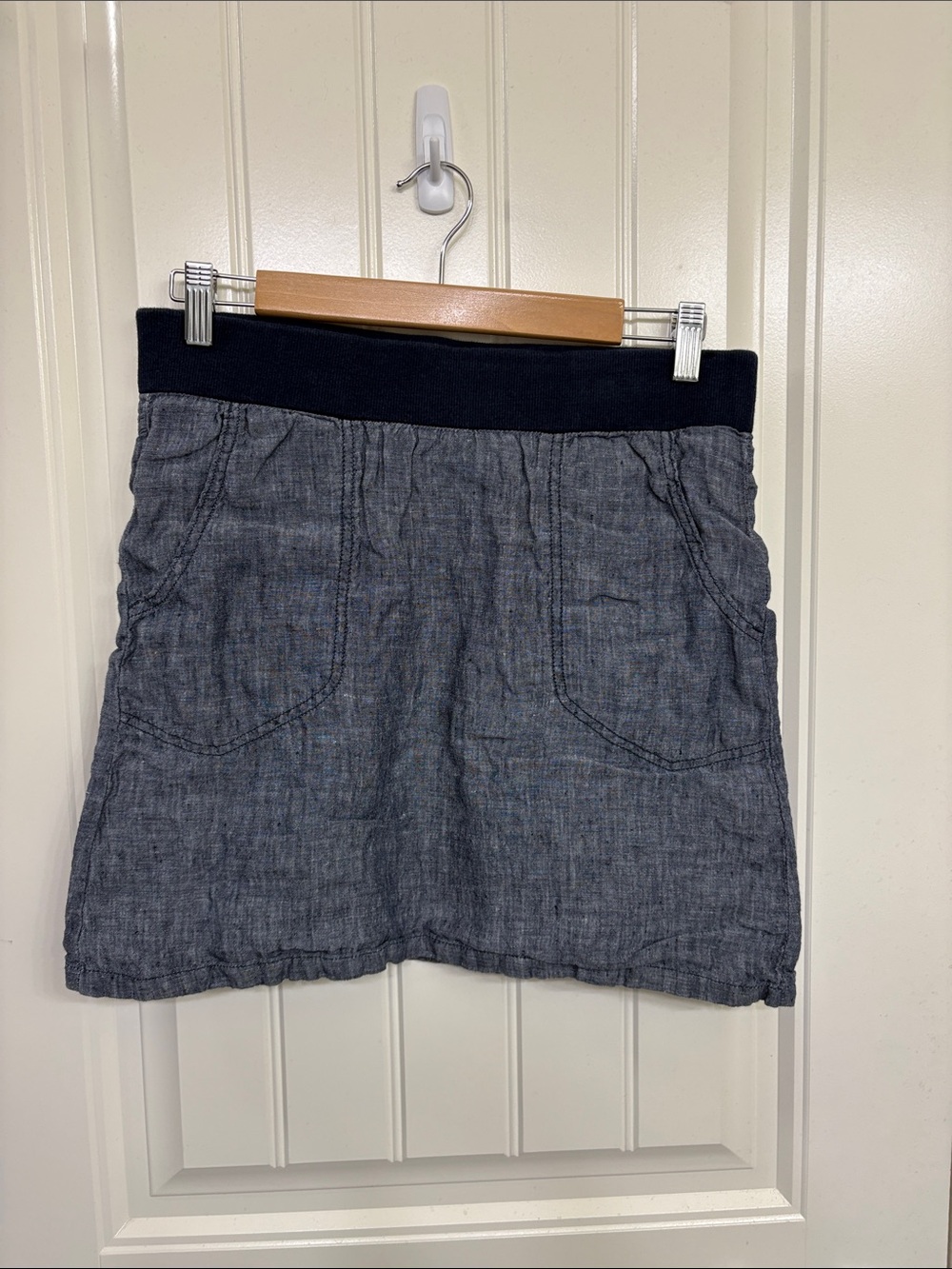 Toad&Co Linen Blue Chambray Mini Skirt with Navy Waistband